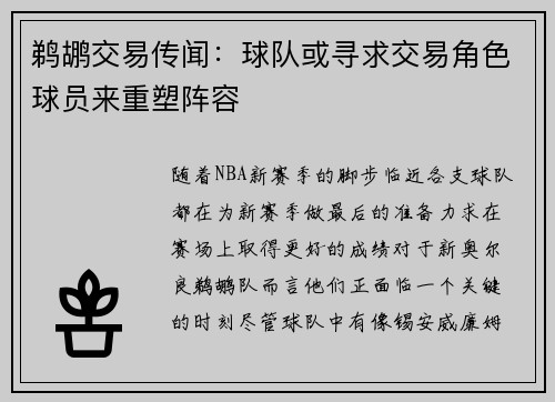 鹈鹕交易传闻：球队或寻求交易角色球员来重塑阵容